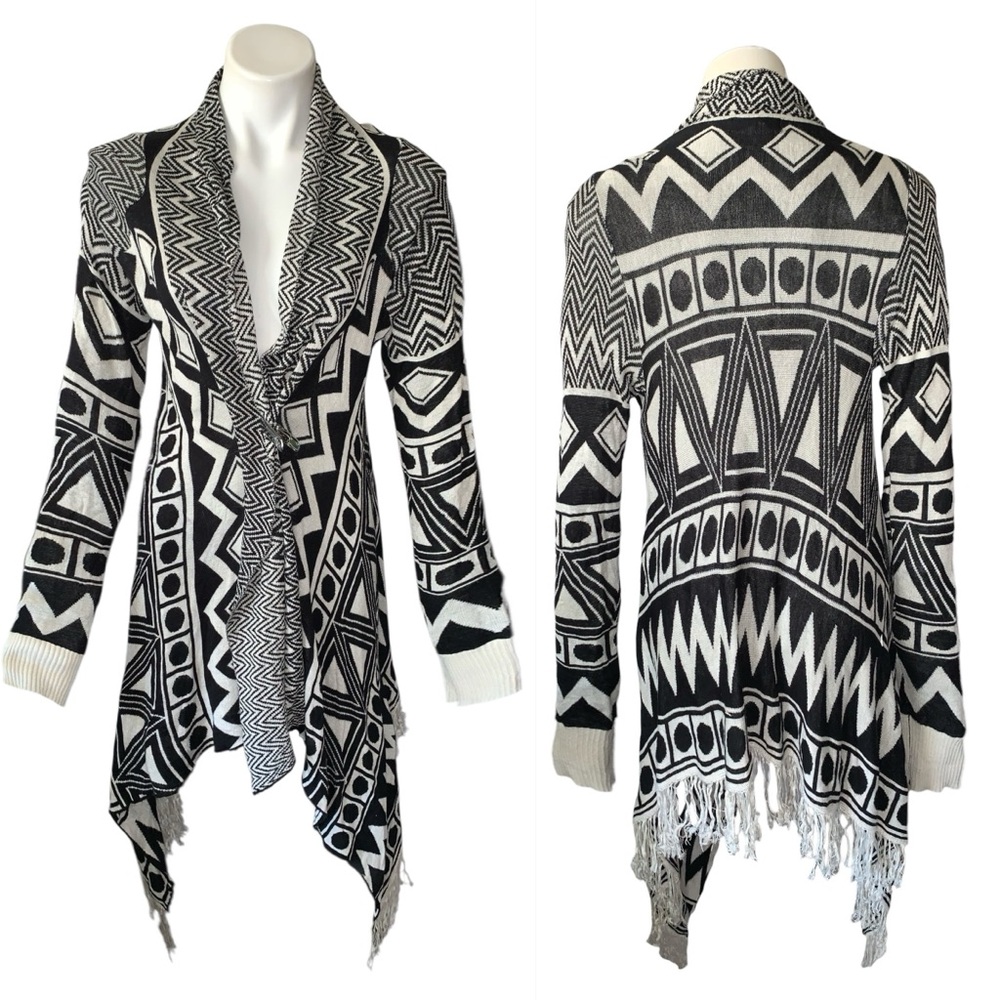 Sisters Aztec Mod Open Cardigan Sweater Duster Geometric